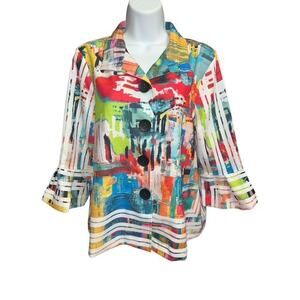 Ali Miles PM Top Button Up Blue Orange Art Overshirt Collar Stays Petite Medium